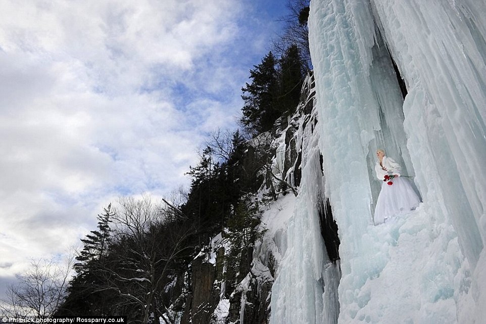 One bride went for a Frozen style theme for her shoot, posing in an icy cavern on the side of a cliff�