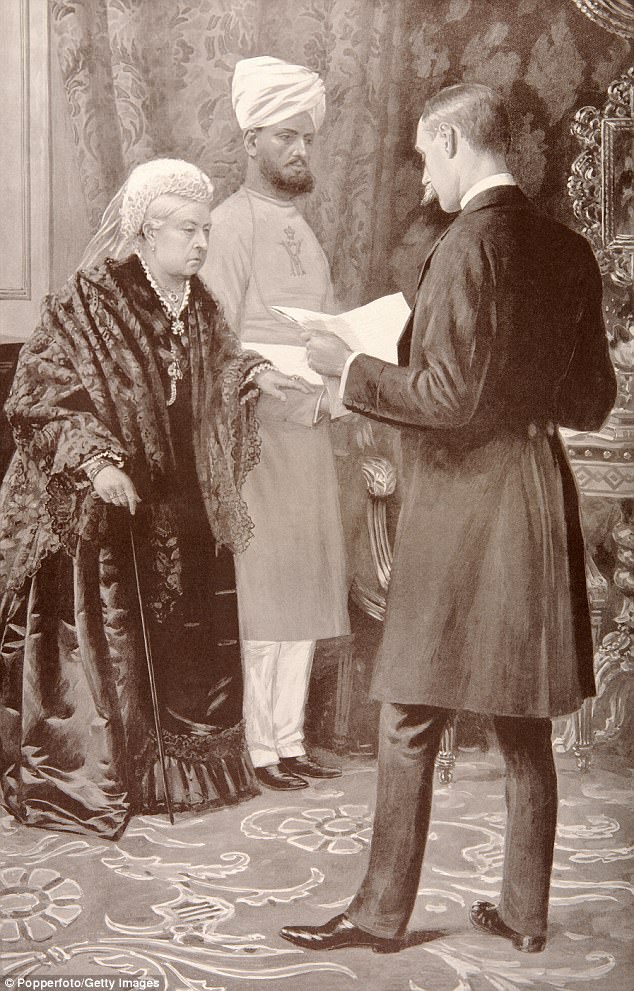A sketch of Queen Victoria on the arm of her Indian servant Abdul Karim. Diaries have revealed the queen gave Mr Karim tips on sex positions