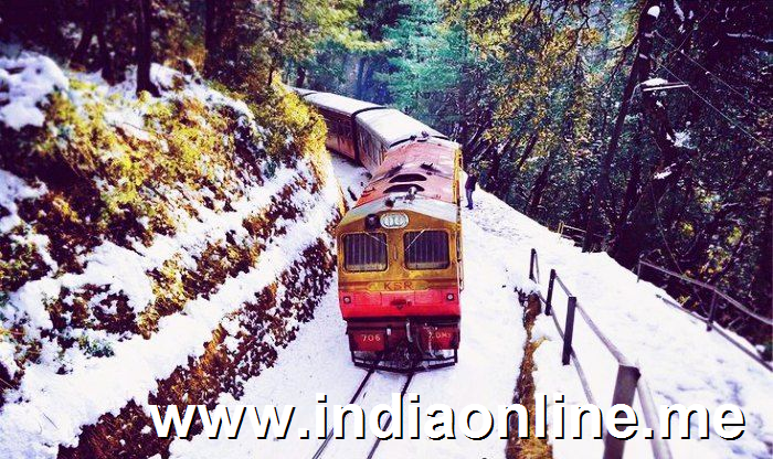 Colorful toy train making its way through the verdant valleys in Shimla