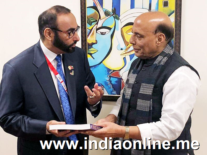 India's Defence Minister Rajnath Singh (right) meets UAE’s Minister of State for Defence Affairs Mohammad Ahmad Al Bawardi on the sidelines of Defence Expo 2020 in Lucknow. 