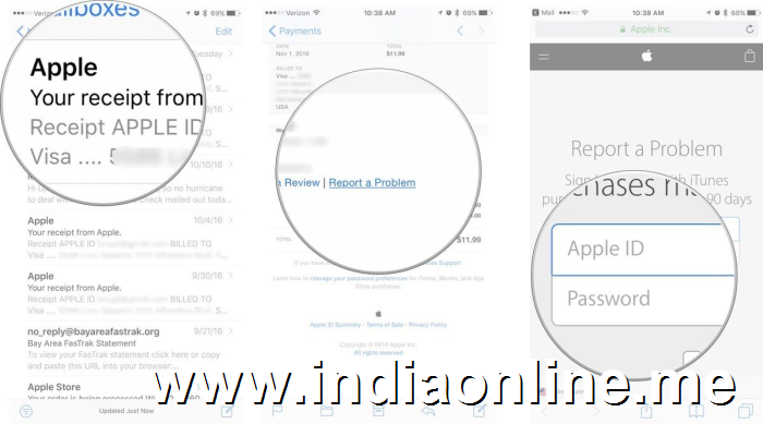 Open the email receipt from Apple for your purchase, then tap Report a Problem, then enter your Apple ID and password