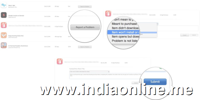 Select the item you want to report, then select a problem from the menu, then enter details about the problem and click submit