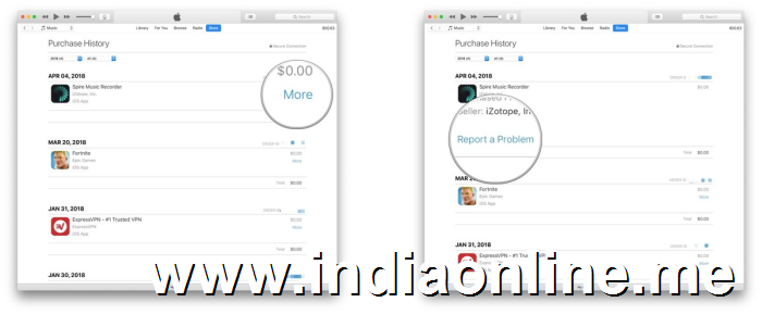 Click More next to the app for which you want a refund, click Report a Problem